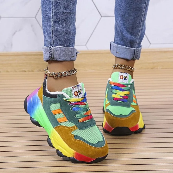 Women's Chunky Rainbow-Sole Lace-Up Trainers with Colour-Block Panels - Bettina - Blue and Red