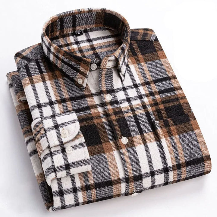 Men's Brushed Plaid Button-Down Shirt with Chest Pocket and Long Sleeves - Leander - Cream Check