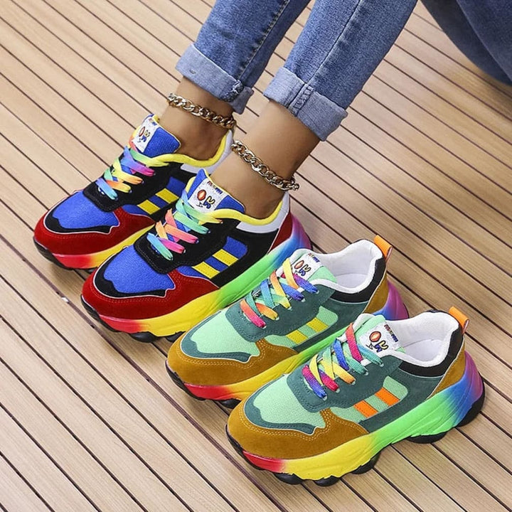 Women's Chunky Rainbow-Sole Lace-Up Trainers with Colour-Block Panels - Bettina - Blue and Red