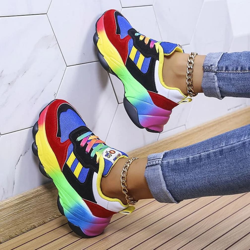 Women's Chunky Rainbow-Sole Lace-Up Trainers with Colour-Block Panels - Bettina - Blue and Red