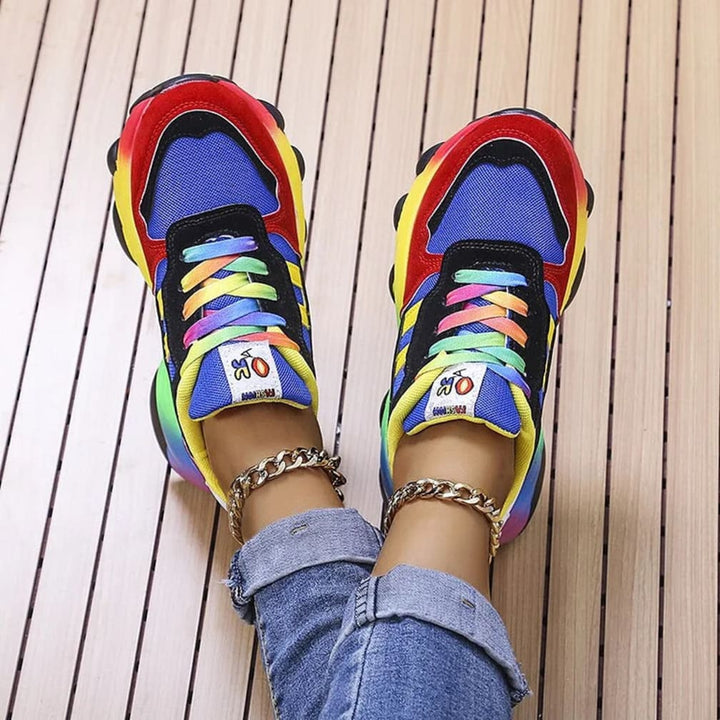 Women's Chunky Rainbow-Sole Lace-Up Trainers with Colour-Block Panels - Bettina - Blue and Red
