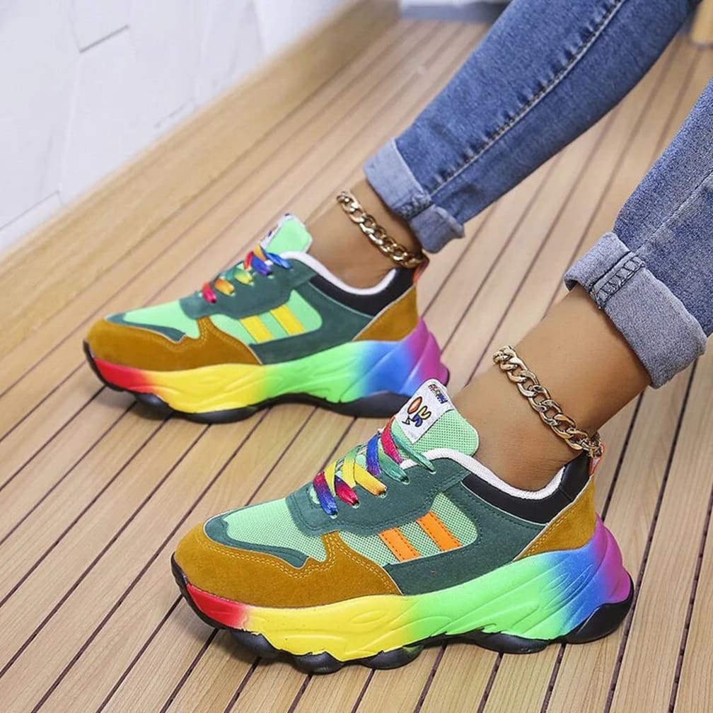 Women's Chunky Rainbow-Sole Lace-Up Trainers with Colour-Block Panels - Bettina - Blue and Red