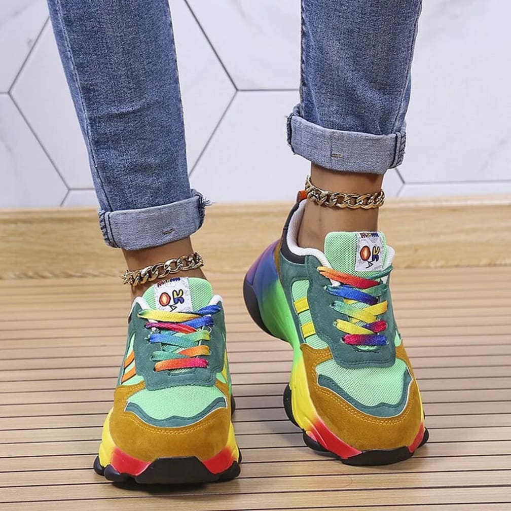 Women's Chunky Rainbow-Sole Lace-Up Trainers with Colour-Block Panels - Bettina - Blue and Red