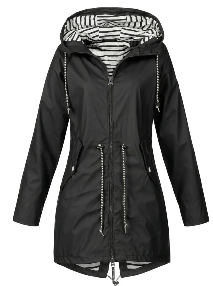 Women's Hooded Zip-Up Jacket with Drawstring Waist and Striped Lining - Gwendolyn - Black