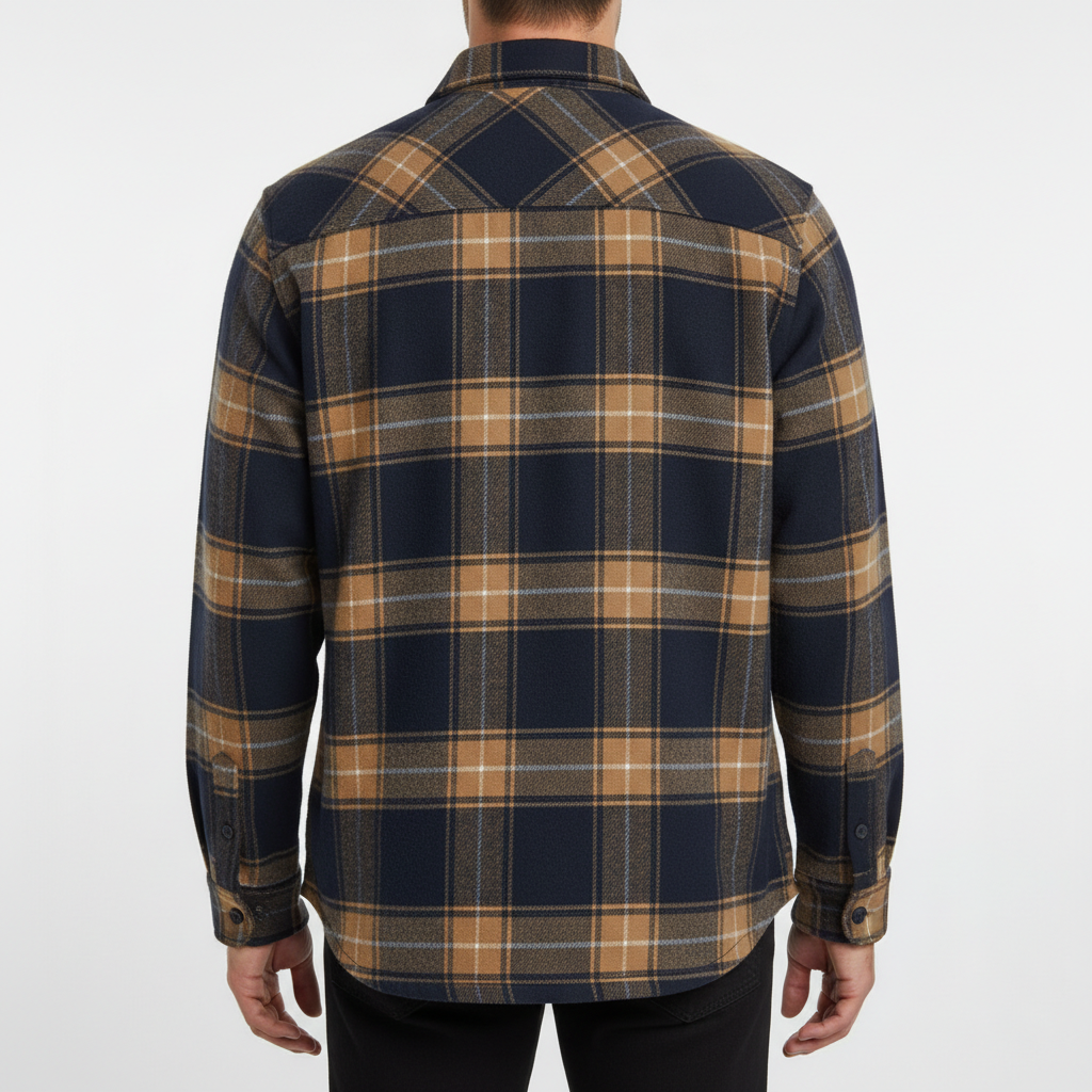 Men's Brushed Plaid Button-Down Shirt with Chest Pocket and Long Sleeves - Leander - Navy and Tan Check