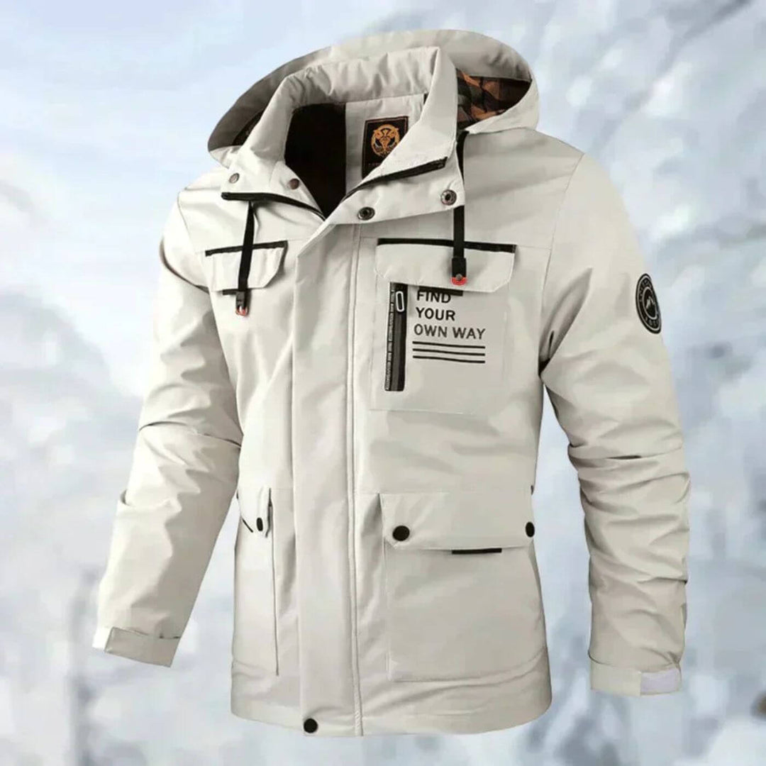 Men's Hooded Zip-Up Outdoor Jacket with Chest Pockets and Plaid Lining - Hadrian - Beige