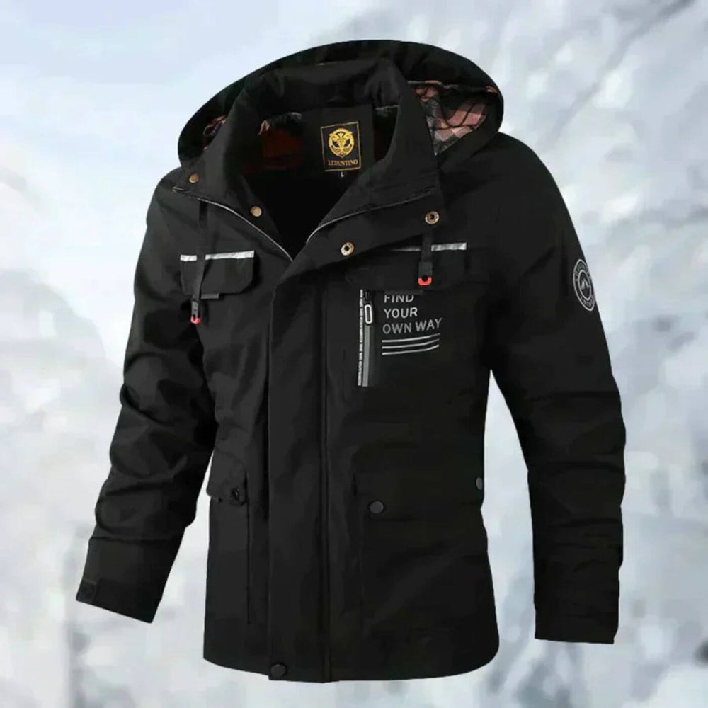 Men's Hooded Zip-Up Outdoor Jacket with Chest Pockets and Plaid Lining - Hadrian - Black