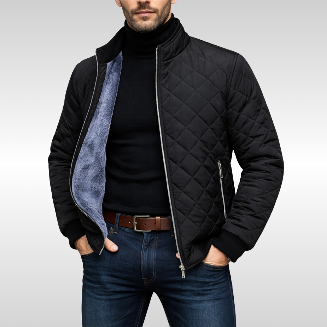 Men's Diamond-Quilted Zip Jacket with Soft Lined Interior and Ribbed Cuffs - Julian - Black