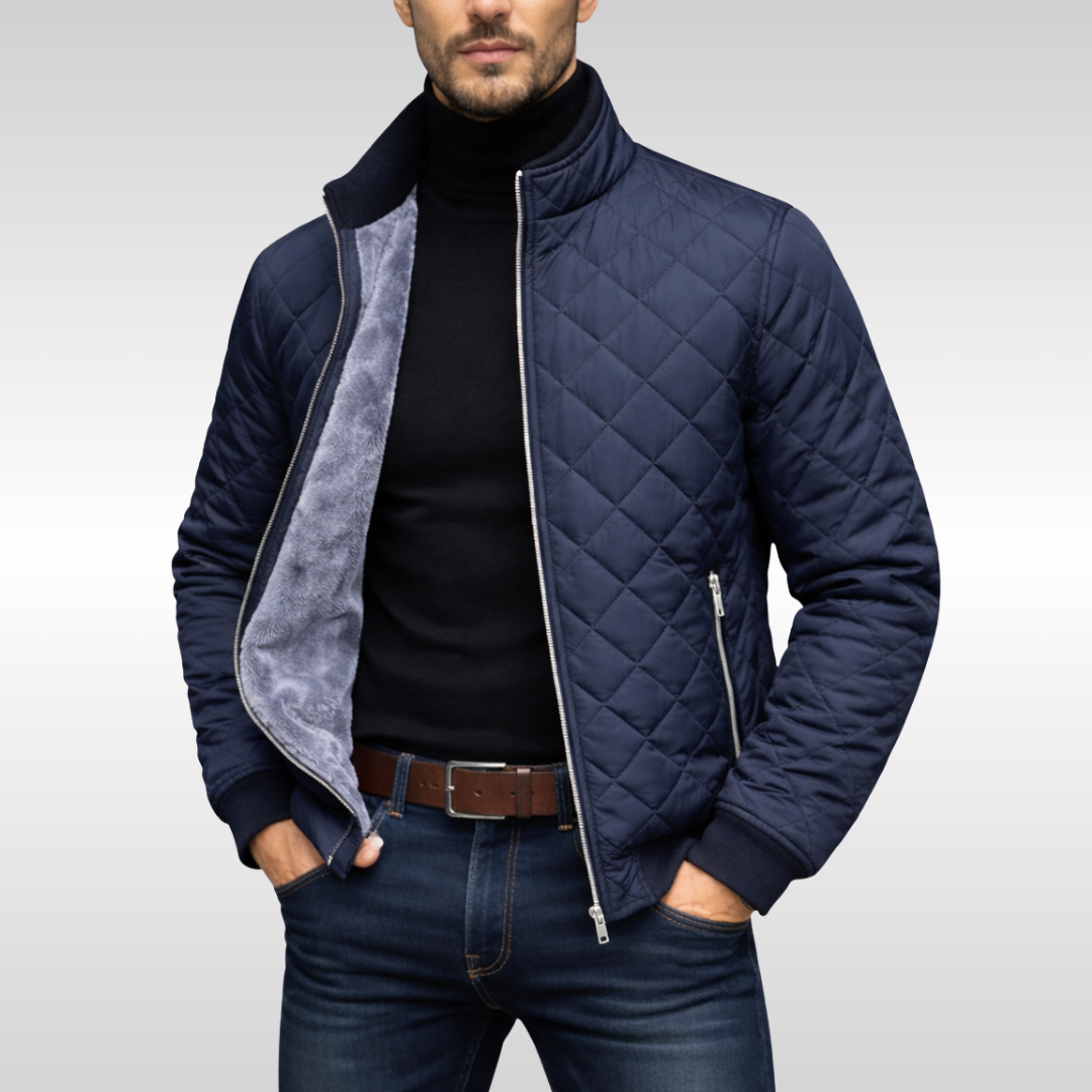 Men's Diamond-Quilted Zip Jacket with Soft Lined Interior and Ribbed Cuffs - Julian - Navy