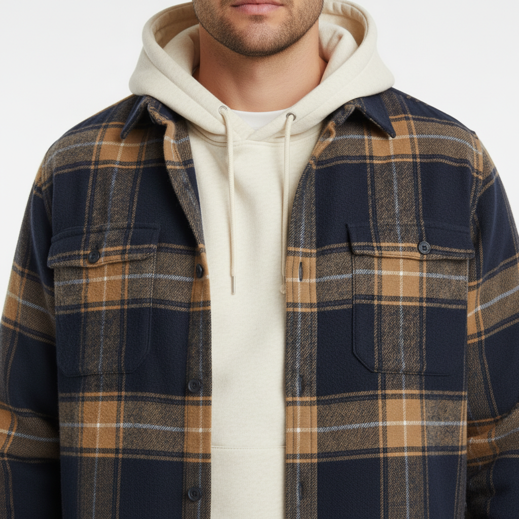 Men's Brushed Plaid Button-Down Shirt with Chest Pocket and Long Sleeves - Leander - Navy and Tan Check