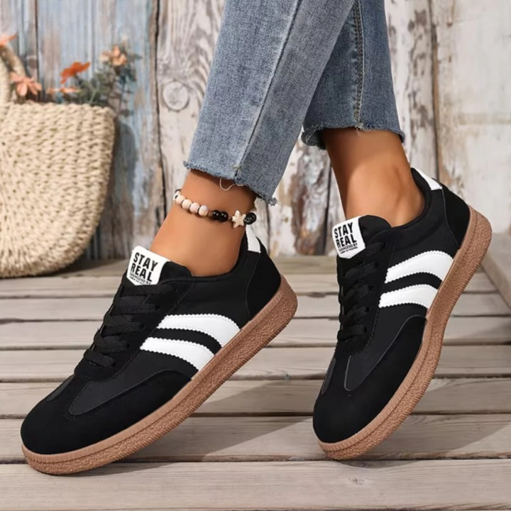 Women's Lace-Up Gum-Sole Sneakers with Side Stripes and Heel Tab - Ianthe - Black