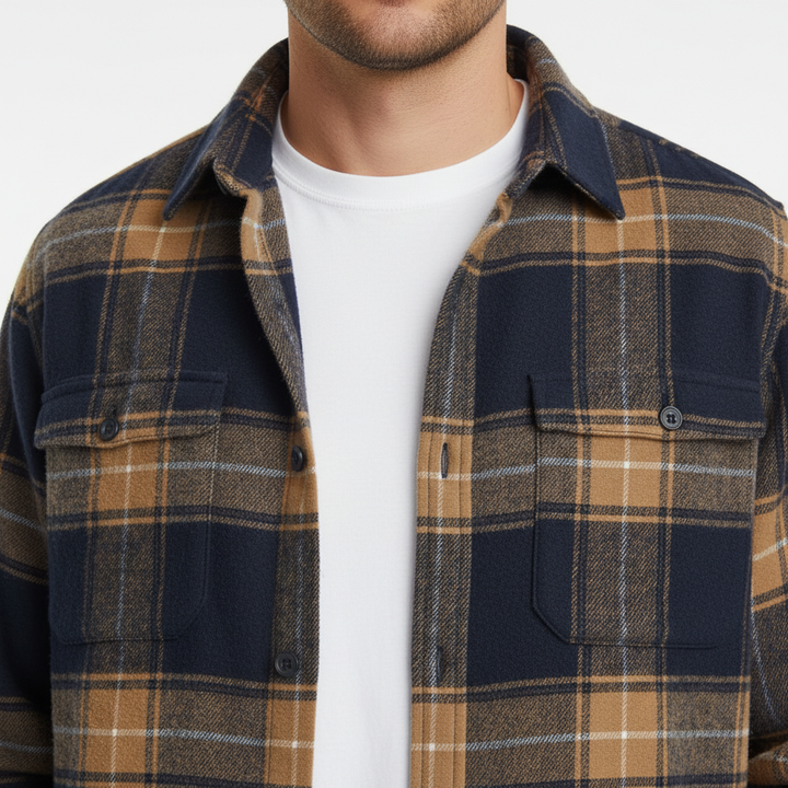 Men's Brushed Plaid Button-Down Shirt with Chest Pocket and Long Sleeves - Leander - Navy and Tan Check