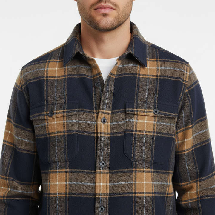 Men's Brushed Plaid Button-Down Shirt with Chest Pocket and Long Sleeves - Leander - Navy and Tan Check