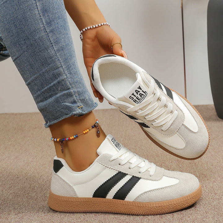 Women's Lace-Up Gum-Sole Sneakers with Side Stripes and Heel Tab - Ianthe - White