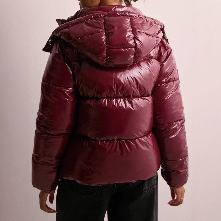 Women's Short Glossy Puffer Jacket with Hood and Zip Front - Brielle - Black