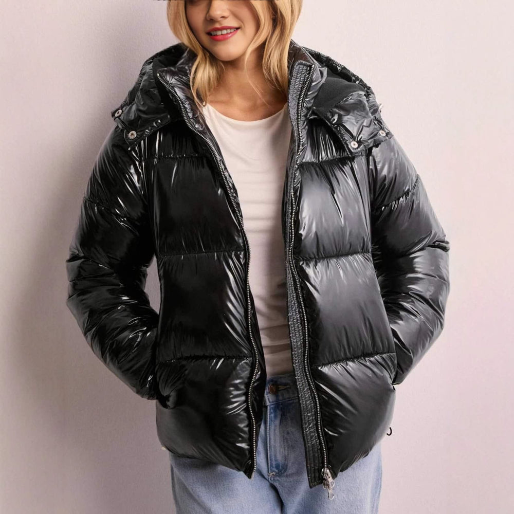 Women's Short Glossy Puffer Jacket with Hood and Zip Front - Brielle - Black