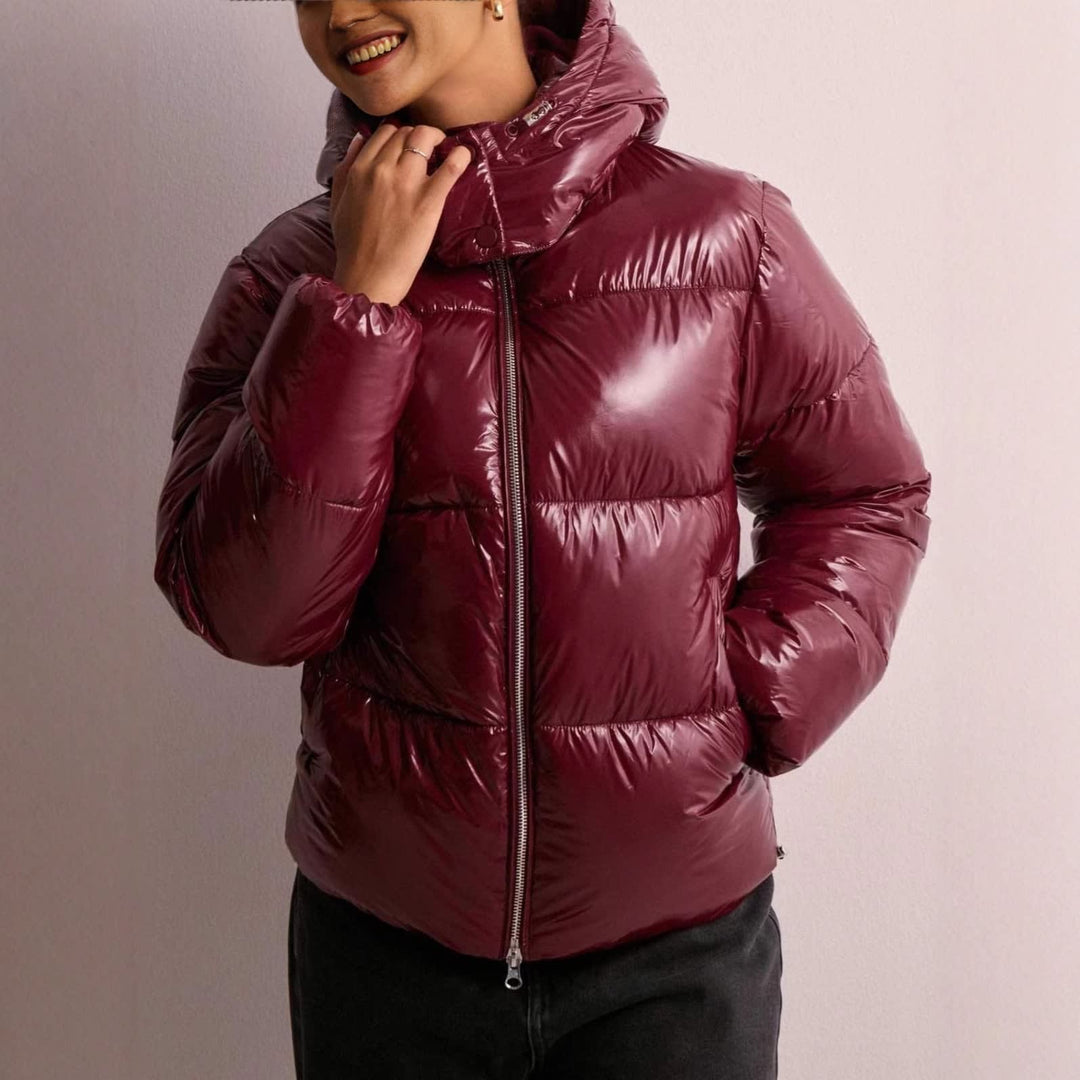 Women's Short Glossy Puffer Jacket with Hood and Zip Front - Brielle - Black