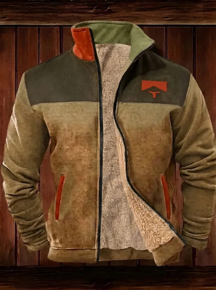 Men's Zip-Up Fleece Jacket with Stand Collar and Western-Style Print Detail - Cassius - Tan Colour-Block