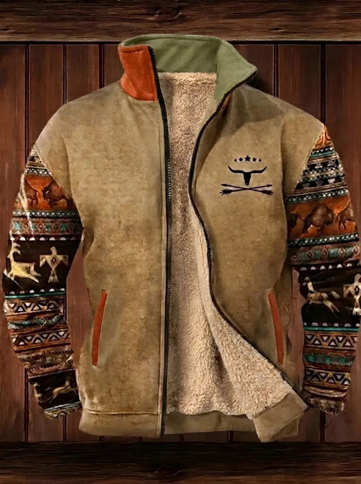 Men's Zip-Up Fleece Jacket with Stand Collar and Western-Style Print Detail - Cassius - Tan Print Sleeves