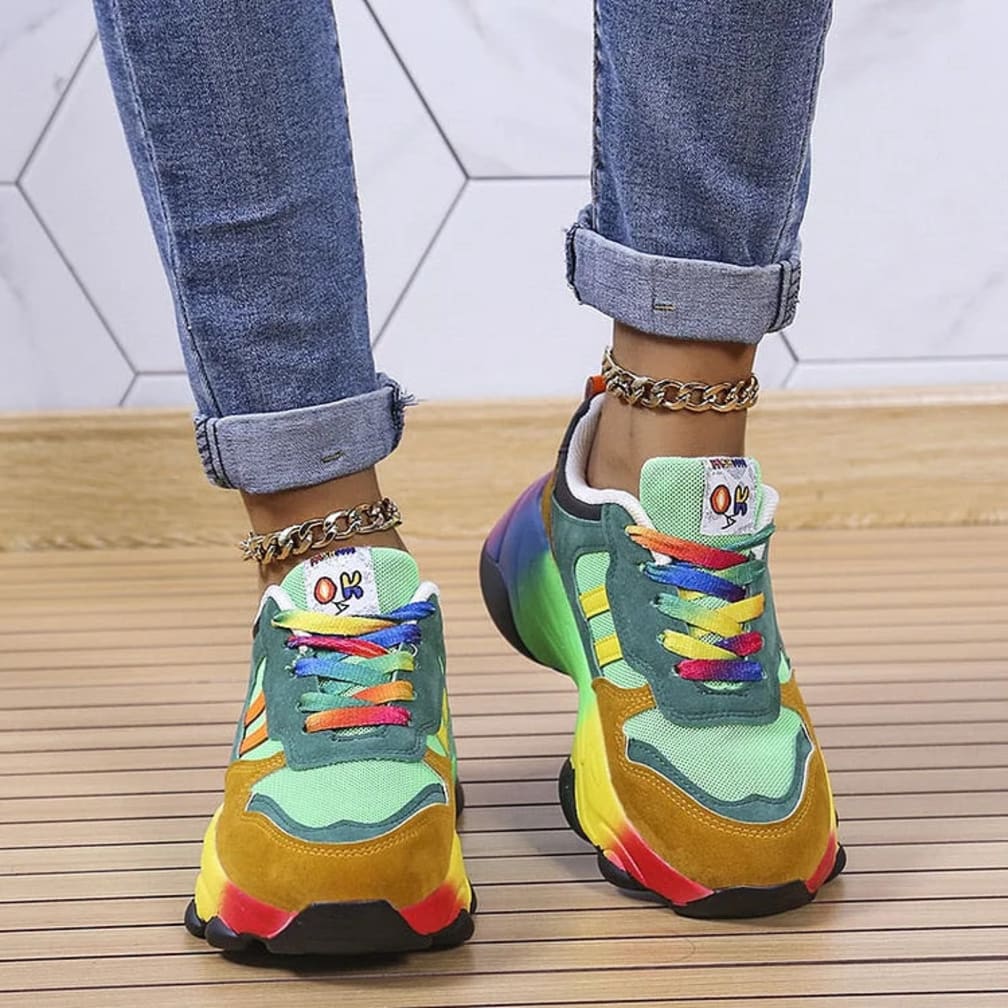 Women's Chunky Rainbow-Sole Lace-Up Trainers with Colour-Block Panels - Bettina - Green and Mustard
