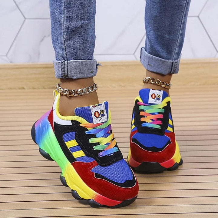 Women's Chunky Rainbow-Sole Lace-Up Trainers with Colour-Block Panels - Bettina - Blue and Red