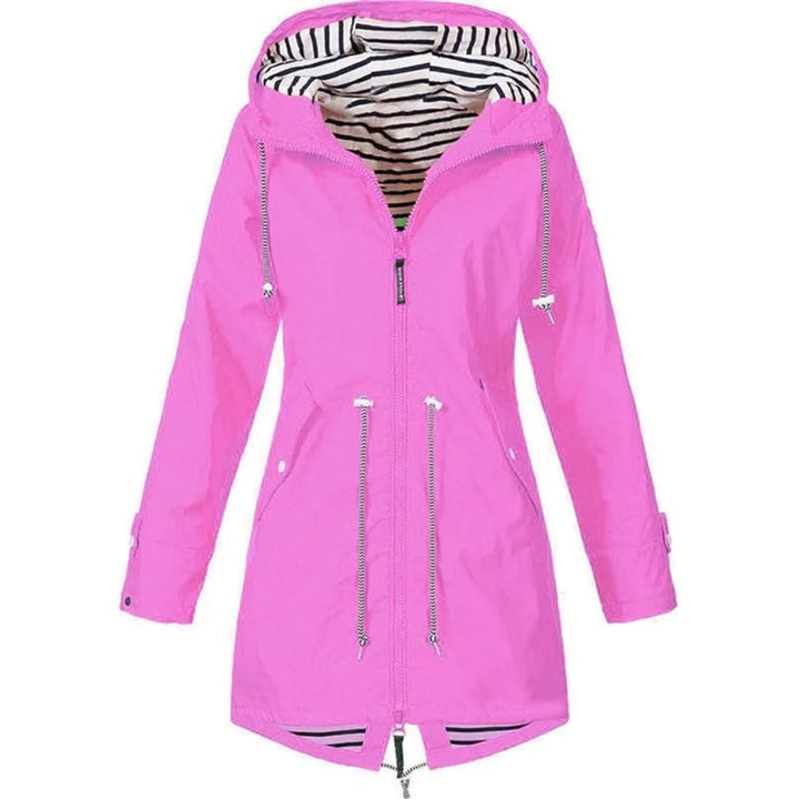 Women's Hooded Zip-Up Jacket with Drawstring Waist and Striped Lining - Gwendolyn - Pink