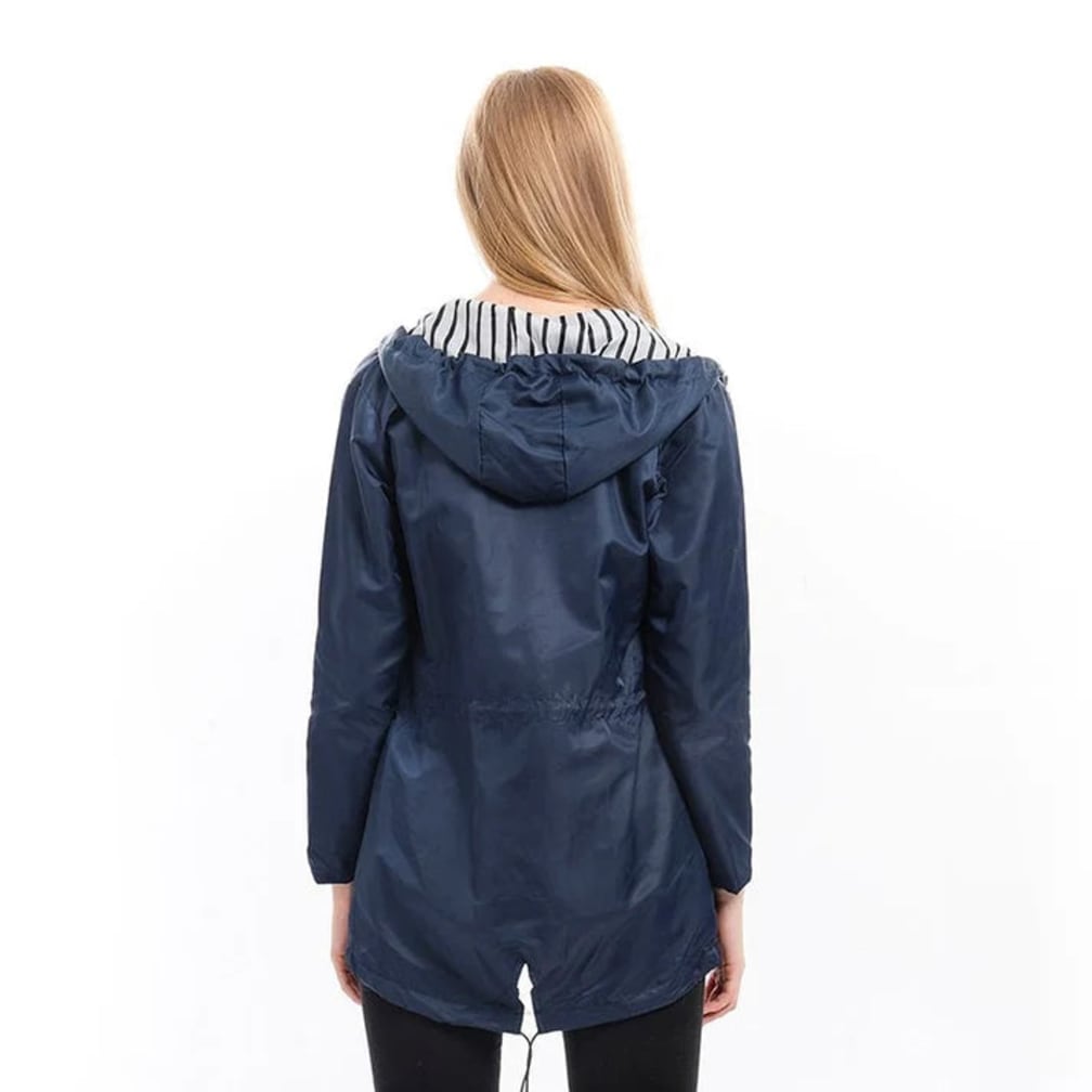 Women's Hooded Zip-Up Jacket with Drawstring Waist and Striped Lining - Gwendolyn - Navy
