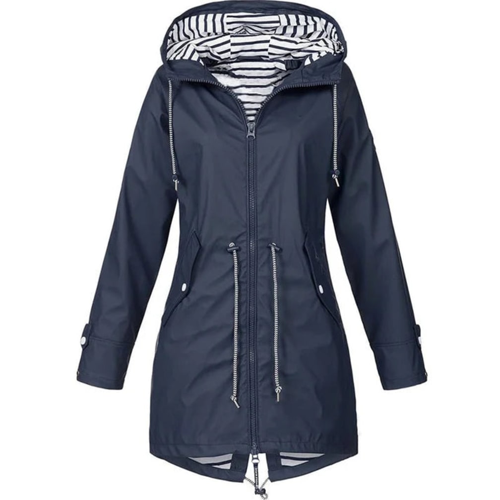 Women's Hooded Zip-Up Jacket with Drawstring Waist and Striped Lining - Gwendolyn - Navy