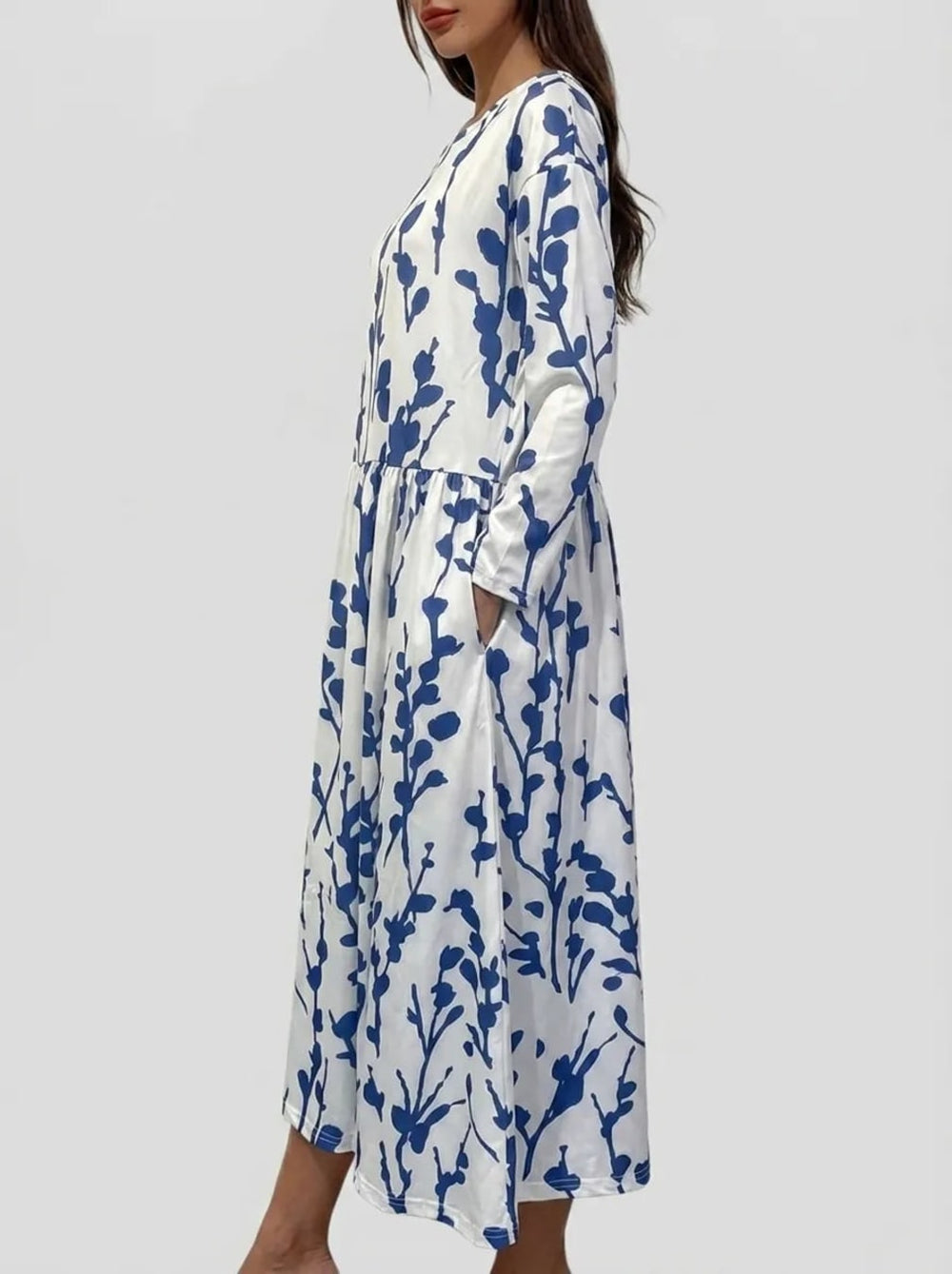 Women's Long Sleeve Floral Midi Dress with Pockets - Araminta - Blue Sprig