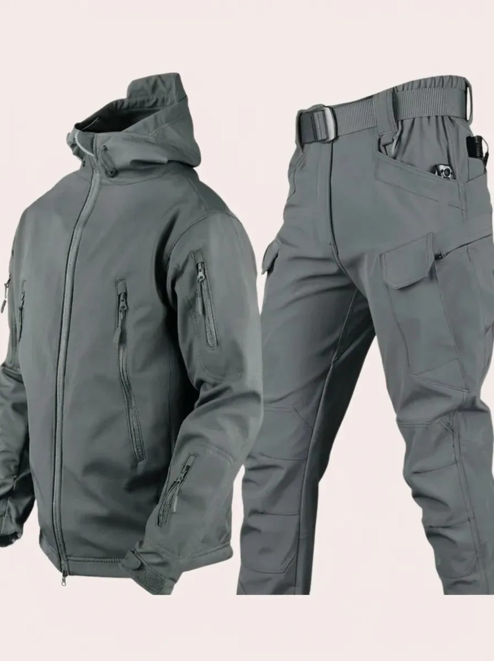 Men's Hooded Jacket and Cargo Trousers Set with Zip Pockets for Cold Weather - Jarvis - Grey