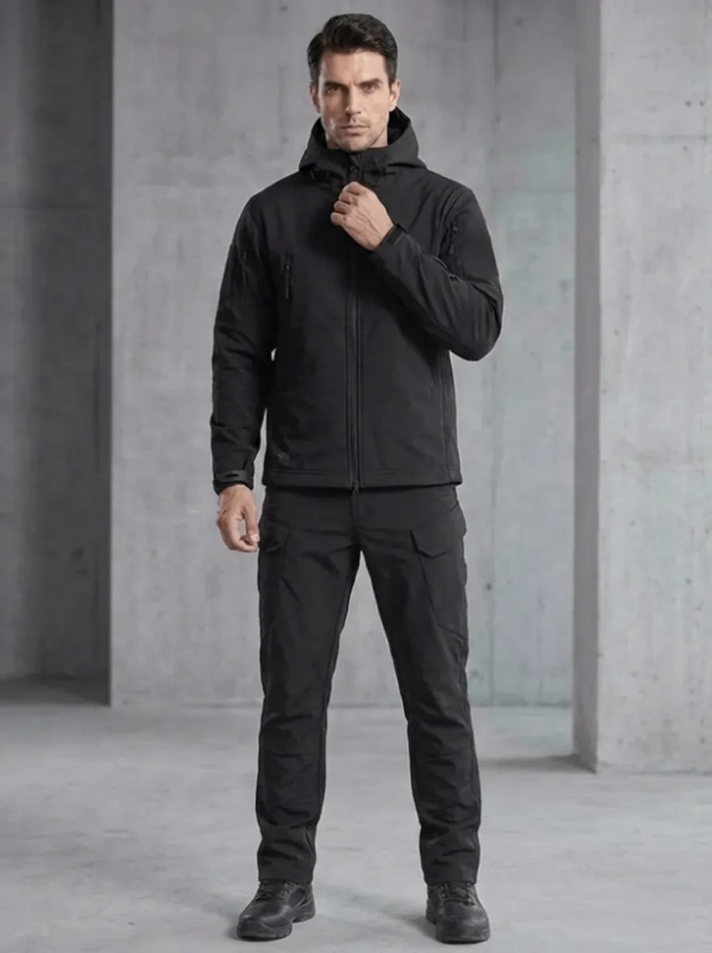Men's Hooded Jacket and Cargo Trousers Set with Zip Pockets for Cold Weather - Jarvis - Black