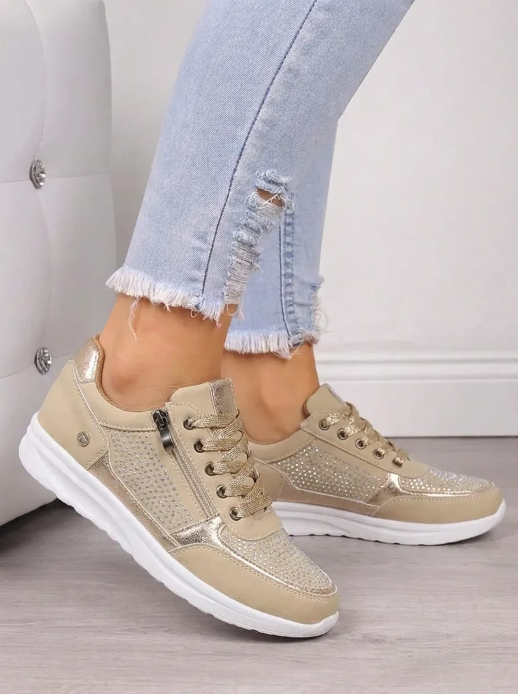 Women's Diamante Lace-Up Trainers with Side Zip - Dilys - Beige