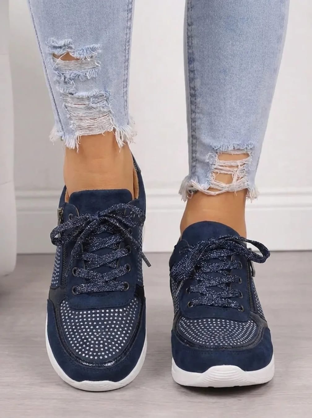 Women's Diamante Lace-Up Trainers with Side Zip - Dilys - Navy