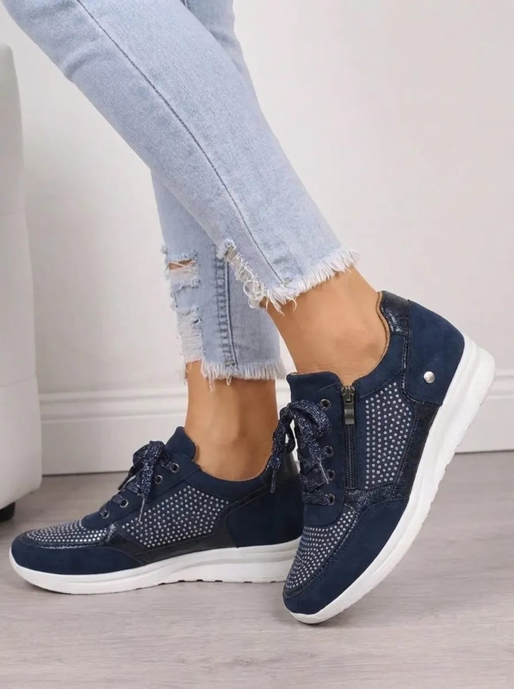 Women's Diamante Lace-Up Trainers with Side Zip - Dilys - Navy