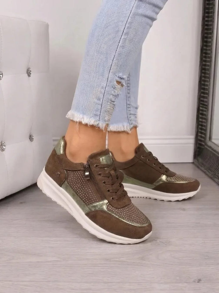 Women's Diamante Lace-Up Trainers with Side Zip - Dilys - Brown