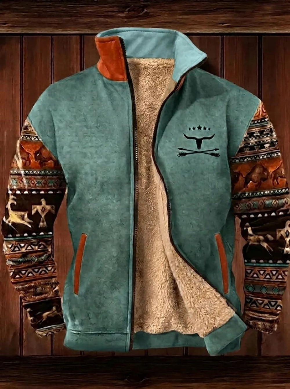Men's Zip-Up Fleece Jacket with Stand Collar and Western-Style Print Detail - Cassius - Teal Print Sleeves