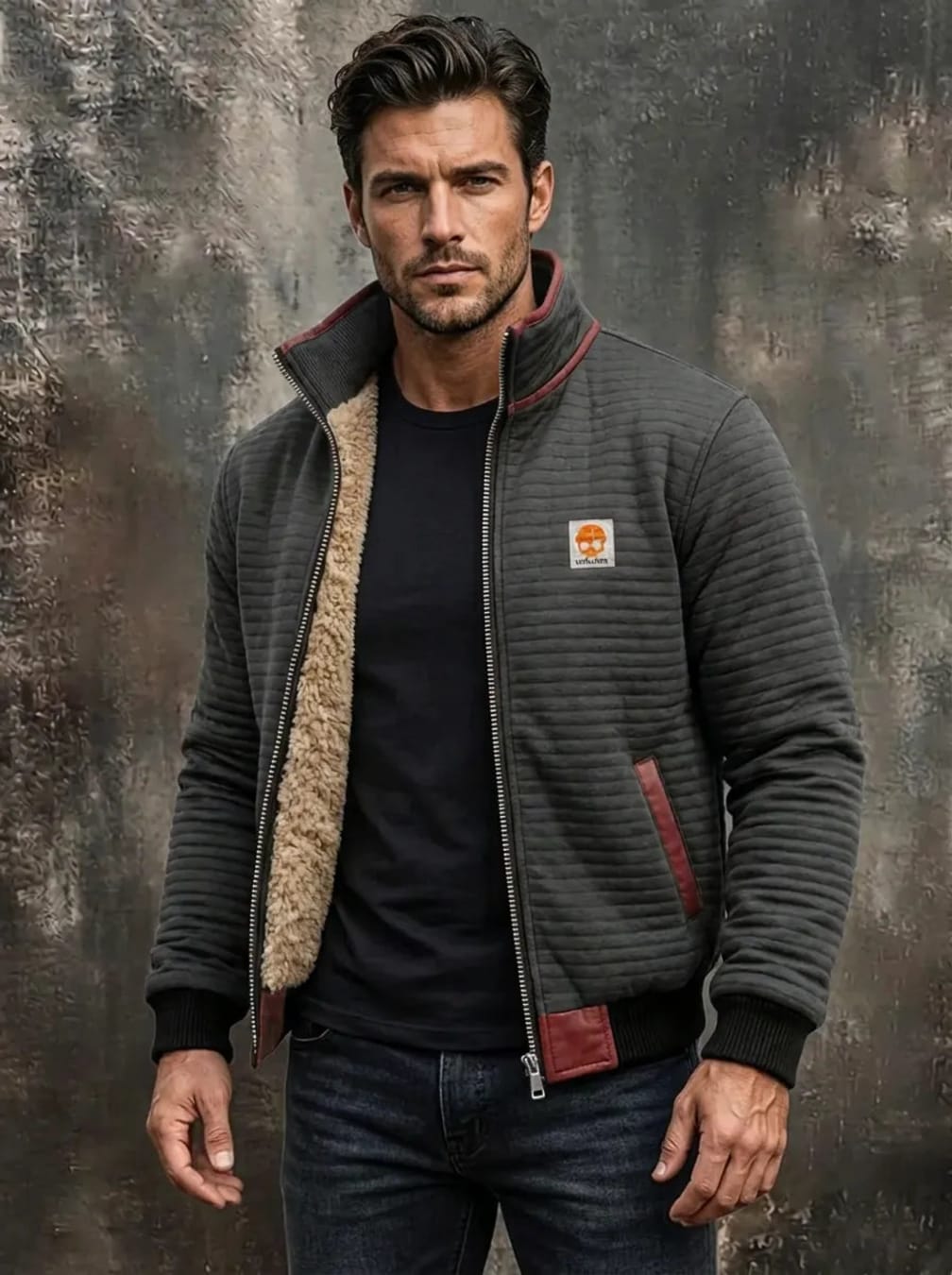 Men's Zip-Up Jacket with Stand Collar, Plush Lining and Ribbed Quilting - Alden - Charcoal
