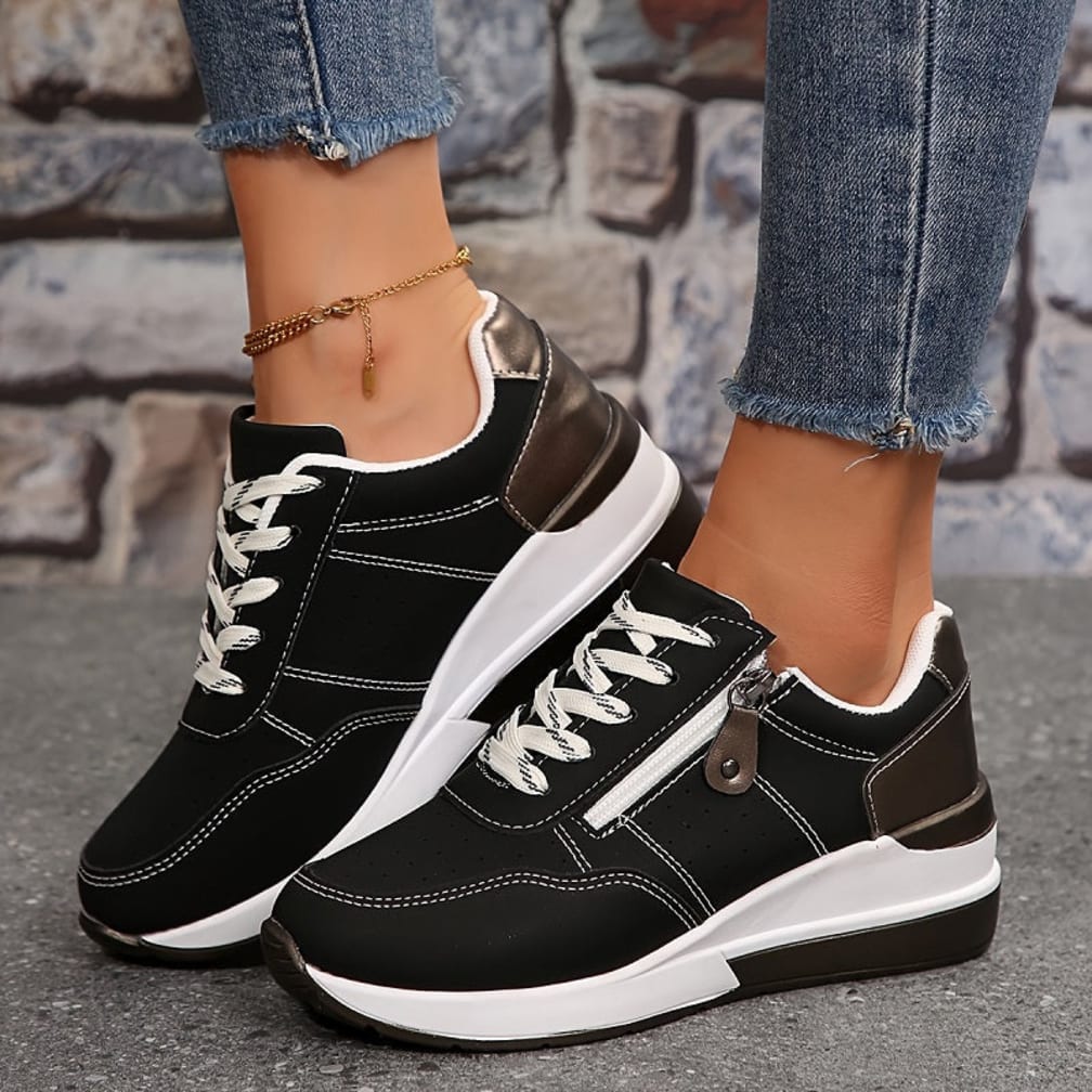 Women's Platform Lace-Up Trainers with Side Zip - Kinvara - Black