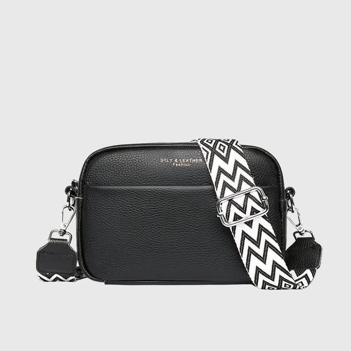 Women's Crossbody Camera Bag with Patterned Strap - Perdita - Black