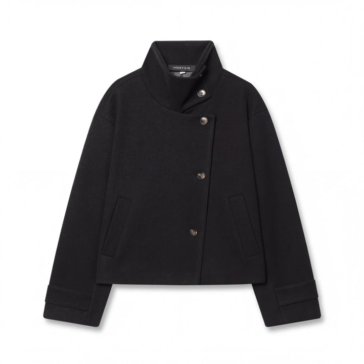 Women's Short Stand-Collar Jacket with Asymmetric Button Front and Cuff Tabs - Lenora - Black