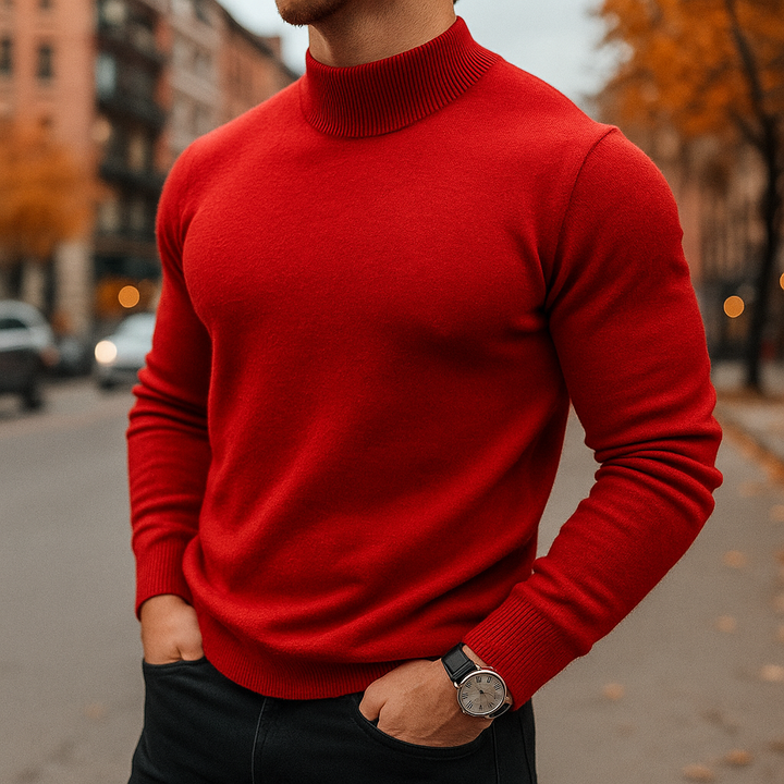 Men's Mock-Neck Pullover Sweater with Ribbed Cuffs and Hem in Seven Colours - Evander - Red