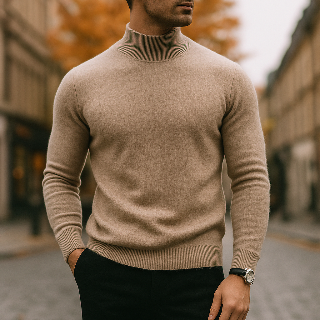 Men's Mock-Neck Pullover Sweater with Ribbed Cuffs and Hem in Seven Colours - Evander - Camel