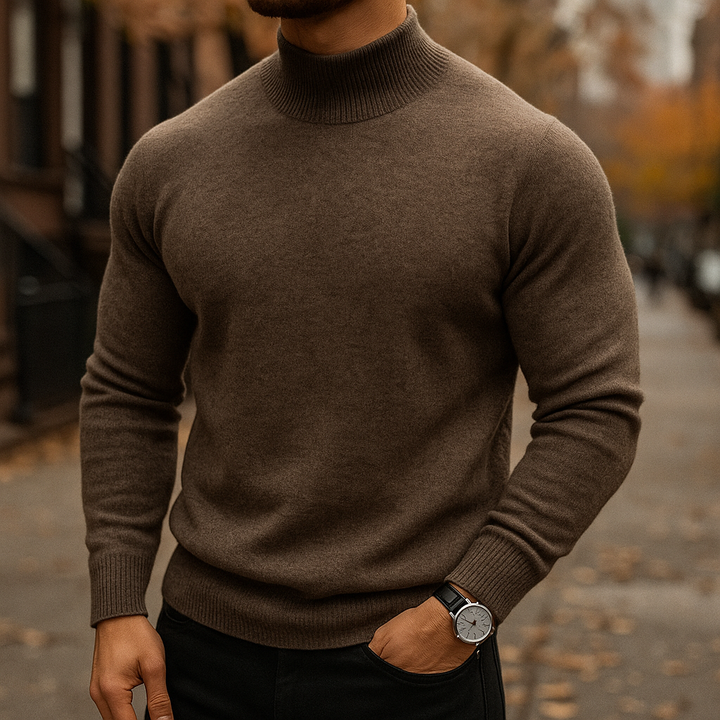 Men's Mock-Neck Pullover Sweater with Ribbed Cuffs and Hem in Seven Colours - Evander - Chocolate