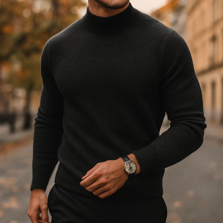 Men's Mock-Neck Pullover Sweater with Ribbed Cuffs and Hem in Seven Colours - Evander - Black