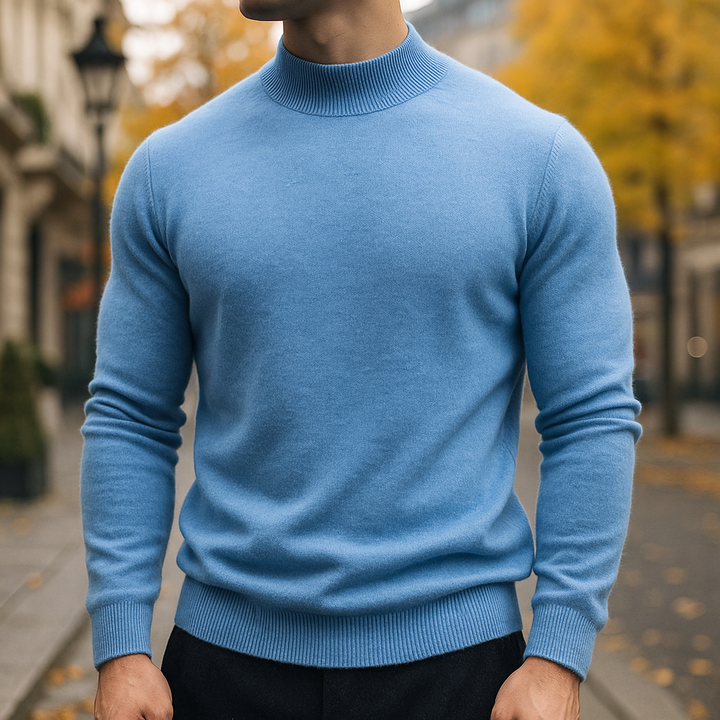 Men's Mock-Neck Pullover Sweater with Ribbed Cuffs and Hem in Seven Colours - Evander - Sky Blue