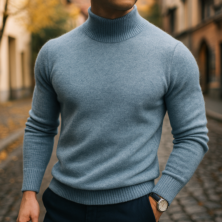 Men's Mock-Neck Pullover Sweater with Ribbed Cuffs and Hem in Seven Colours - Evander - Slate Blue