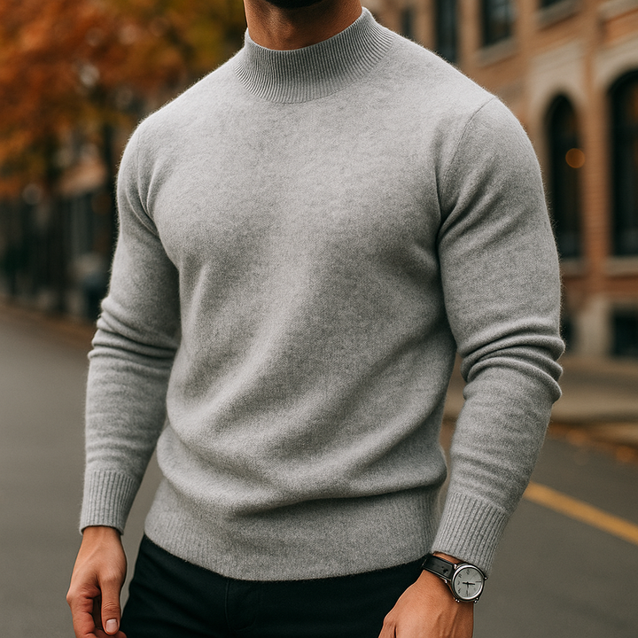 Men's Mock-Neck Pullover Sweater with Ribbed Cuffs and Hem in Seven Colours - Evander - Light Grey