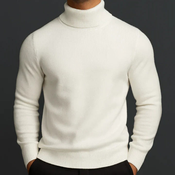 Men's Slim-Fit Roll-Neck Sweater with Ribbed Collar and Cuffs - Fenella - Ivory