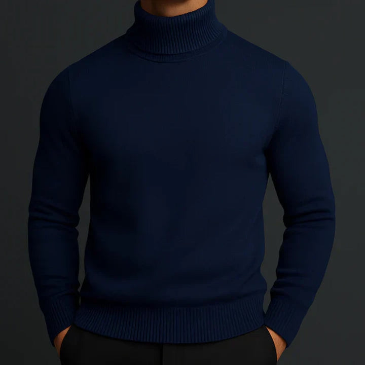 Men's Slim-Fit Roll-Neck Sweater with Ribbed Collar and Cuffs - Fenella - Navy