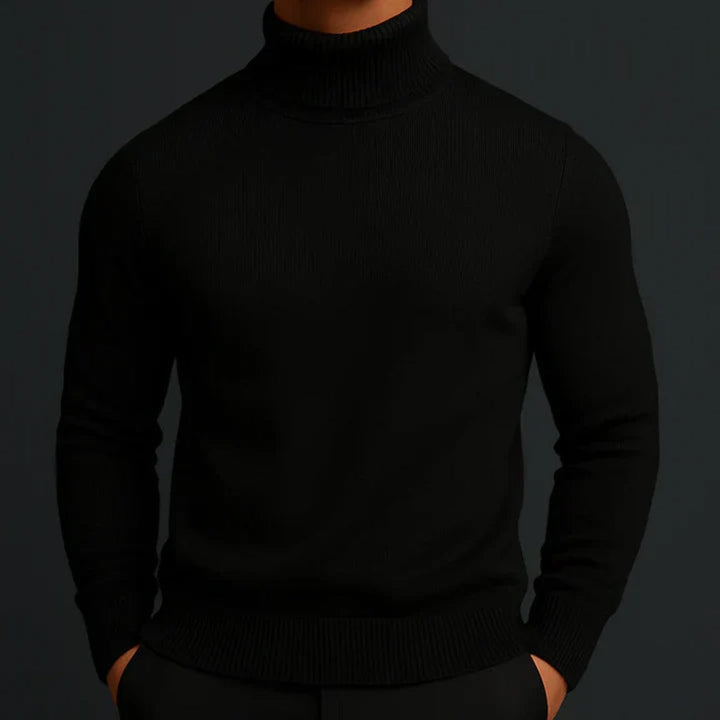 Men's Slim-Fit Roll-Neck Sweater with Ribbed Collar and Cuffs - Fenella - Black